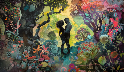 Illustration of Adam and Eve in the garden of eden, from the bible