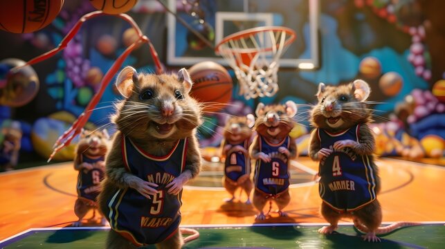 Adorable Mice in Basketball Uniforms Playing with Enthusiasm in a Colorful