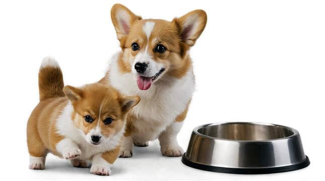 A Corgi mum with her corgi puppy next to a dog bowl. Promotion picture for dog nutrition or dog food. Generative AI.