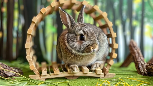 Cute Rabbit Playing in a Wooden Toy Arch: A Chibi with Fur and Clean Composition
