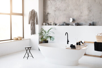 Interior shot of spacious, sunlit bathroom featuring sleek freestanding bathtub