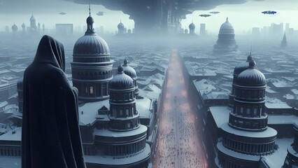 Snowy Futuristic City: Cloaked Figure, Towering Buildings, Large Domes, Spaceship, Crowded Streets, Ominous Atmosphere, Mesmerizing View - obrazy, fototapety, plakaty
