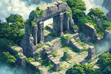 Isometric JRPG-style artwork of ancient temple ruins with lush vines, misty mountains, weathered stone architecture, crumbling statues, hidden treasure, and overgrowth - obrazy, fototapety, plakaty