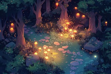 A magical isometric forest with towering trees, glowing mushrooms, hidden pathways, and enchanting light. Explore this mystical landscape in a whimsical RPG-style setting - obrazy, fototapety, plakaty