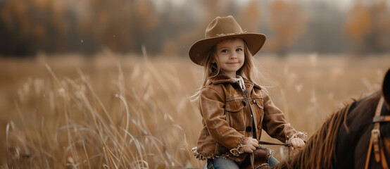 little girl in a cowgirl costume, wearing a hat, riding a pony