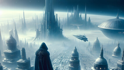 Snowy Futuristic City: Cloaked Figure, Towering Buildings, Large Domes, Spaceship, Crowded Streets, Ominous Atmosphere, Mesmerizing View - obrazy, fototapety, plakaty
