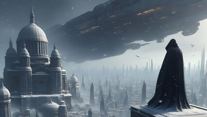 Snowy Futuristic City: Cloaked Figure, Towering Buildings, Large Domes, Spaceship, Crowded Streets, Ominous Atmosphere, Mesmerizing View