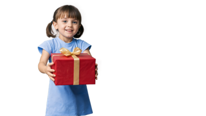 young girl holding a present. child holding present with transparent background. Generative AI.