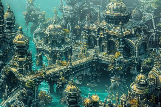 Fantasy underwater city with ornate coral structures, intricate patterns, and mythical sea creatures. Isometric view, vibrant colors, RPG video game concept art