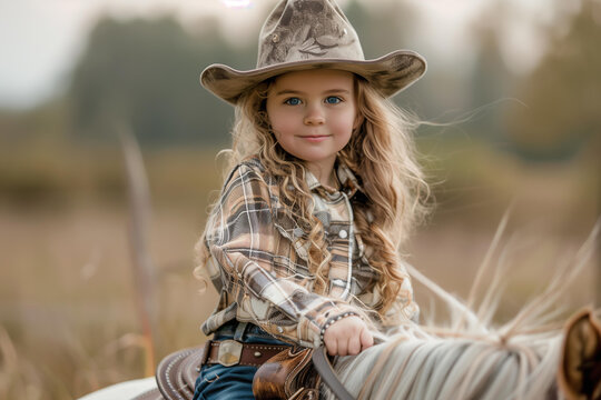 little girl in a cowgirl costume, wearing a hat, riding a pony