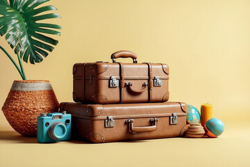 Brown vintage leather suitcases on yellow tropical background. Packing for summer trip and adventure concept - obrazy, fototapety, plakaty