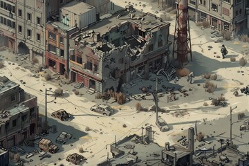 Illustration of a post-apocalyptic wasteland with ruined cities, mutated creatures, and desolate landscapes. JRPG-style digital art depicting abandoned urban decay and eerie atmosphere