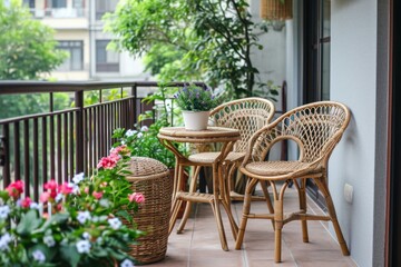 Balcony terrace with chairs and natural decoration. Cozy bright patio furniture with green plants. Generate ai