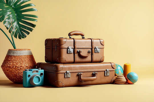 Brown vintage leather suitcases on yellow tropical background. Packing for summer trip and adventure concept
