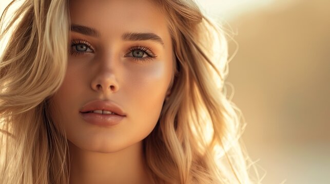 A vision of elegance unfolds as a blonde beauty graces the lens, her healthy skin and soft makeup enhanced by the studio's impeccable lighting and creative copy space.