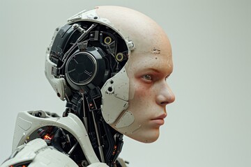 Fototapeta premium Bald man half robot. Cyborg male humanoid futuristic machine. Generate ai