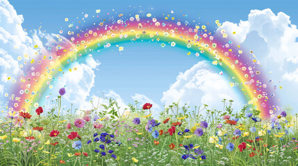 A colorful clipart rainbow arching over a field of flowers, with a blue sky in the background.