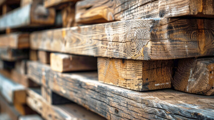 A close-up view of tightly stacked wooden beams in a warehouse. Construction store, sawmill, timber.