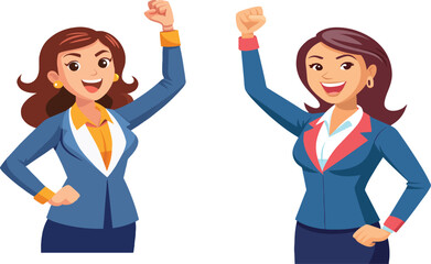 female characters in work clothes with fists raised to signify victory