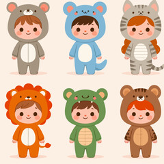 collection of cute children's cartoon characters wearing animal clothes