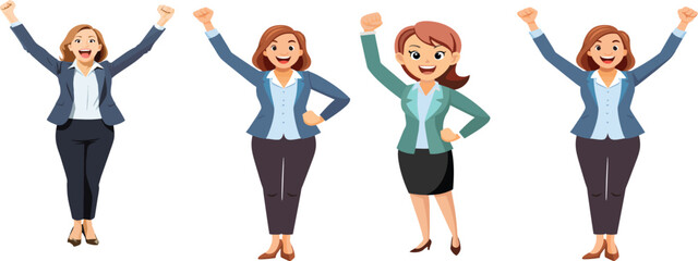 female characters in work clothes with fists raised to signify victory