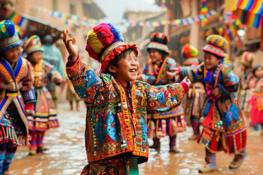 Happy child dancing in traditional vibrant clothing at a cultural festival parade in South America.