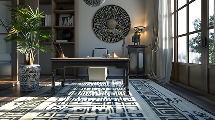 A modern Asian home office with clean lines, minimalist design, and a geometric-patterned rug inspired by Chinese art.