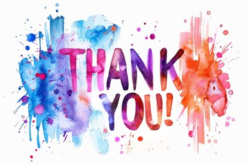 A watercolor painting featuring the words thank you in vibrant colors on a white background