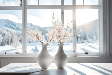 A delicate vase adorns a tall white window, resting on a white wooden table. A framed picture of a snowy landscape serves as the background - obrazy, fototapety, plakaty
