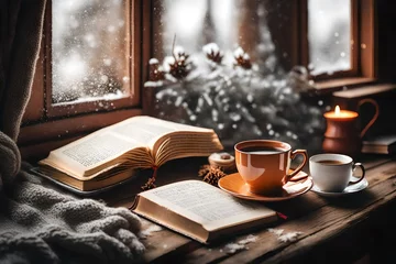 Tafelkleed Cozy winter still life. Cup of hot tea and an open book with a warm sweater on a vintage wooden windowsill. Cozy home concept. Sweet home © Muhammad