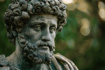 Obraz premium Classical stoic greek, roman statue with a colorful spark background. A classical sculpture with intricate details, focusing on historical art, with the face area blurred for anonymity