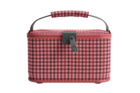 Red and Black Checkered Suitcase With Handle. On White or PNG Transparent Background.