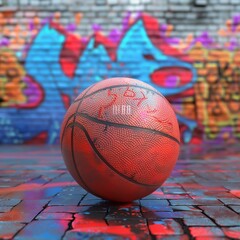 3D rendered basketball in front of a vibrant graffiti wall