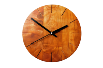Wooden Clock With Black Hands on White Background. On White or PNG Transparent Background.