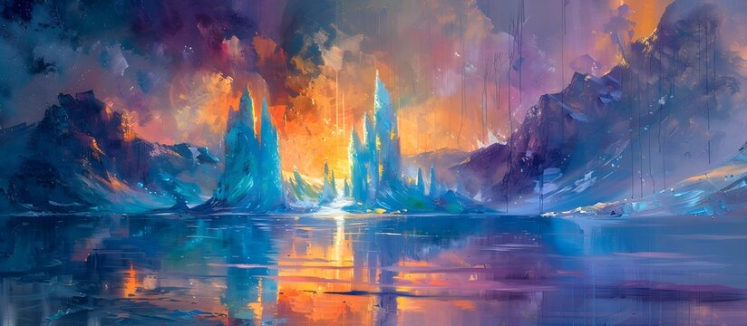 Oil Painting of an Alien Landscape: Ethereal Ice Spires Rising from Vibrant Waters