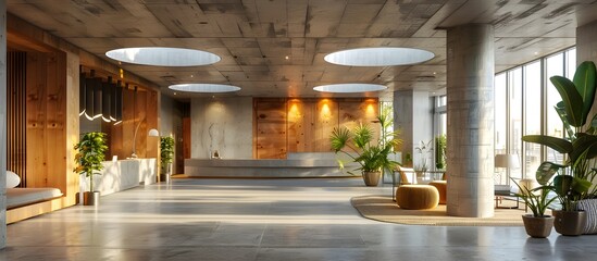 Sunlit Hotel Lobby with Concrete Floors and Wood Accents Basking in Natural Light - obrazy, fototapety, plakaty