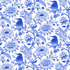 Seamless pattern with monochrome blue chinoiserie hand drawn flowers and birds motifs. Floral wallpaper with chinese style ornament. - obrazy, fototapety, plakaty
