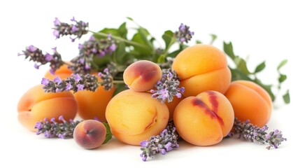 Naklejka na ściany i meble pile of fresh apricots with lavender flowers - fruits and vegetables,generative ai, 