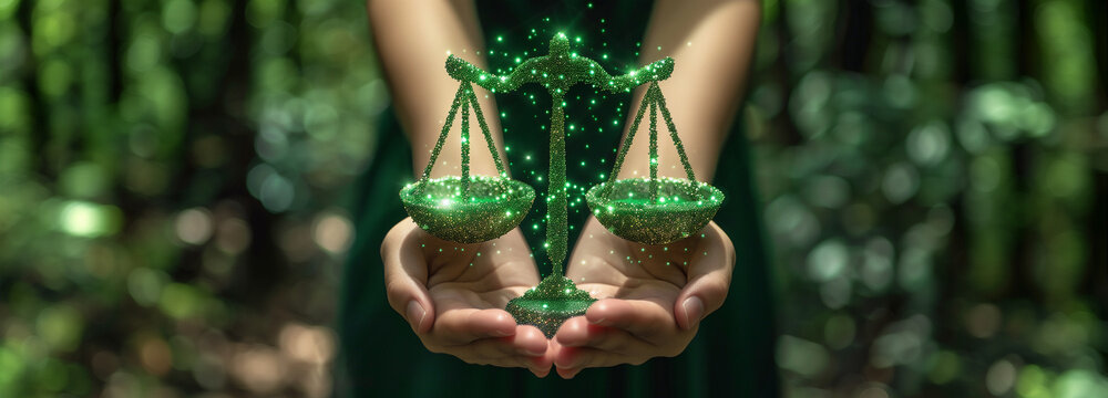 Eco-Friendly Concept with Digital Green Scales of Justice in a Forest AI-Generated