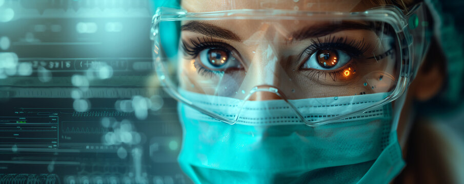 Focused Female Scientist with Holographic Data Visualization and Protective Gear AI-Generated