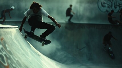 City Skate Park: A skateboarder performing tricks - obrazy, fototapety, plakaty
