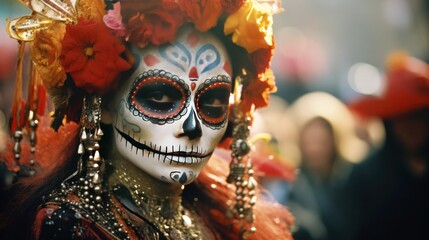 Cultural Elegance: A Magnificent Display of Dia De Los Muertos with Elaborate Sugar Skull Costumes