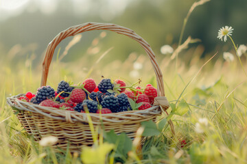 Fototapeta na wymiar Sunny day, fresh berry fruits in wicker basket in grass