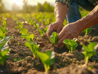 Close up of farmer hands planting growth a seed of vegetable or plant seedling on the field. Business or ecology concept.  - obrazy, fototapety, plakaty