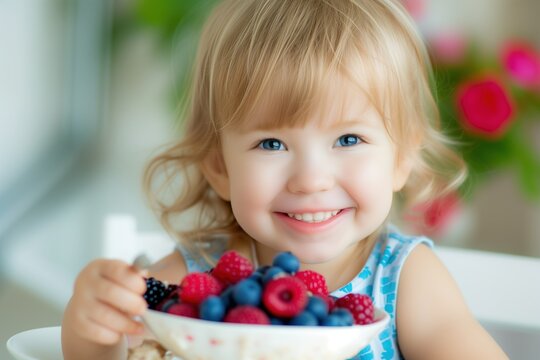 Smiling adorable child having breakfast eating oatmeal porridge with berries