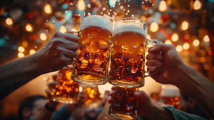 Raised beer mug toasting at Oktoberfest