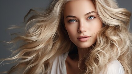 Close-up shot of a beauty young woman with blond hair on a light background. - obrazy, fototapety, plakaty
