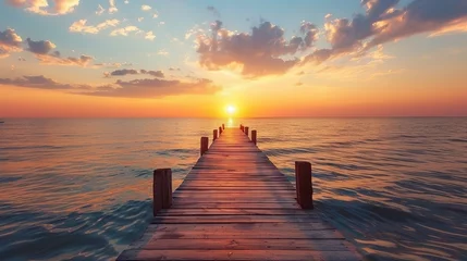  Panoramic sunset at the pier wooden jetty at the beach © MINHO