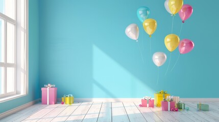 light interior room. celebration concept image with balloons and presents. 