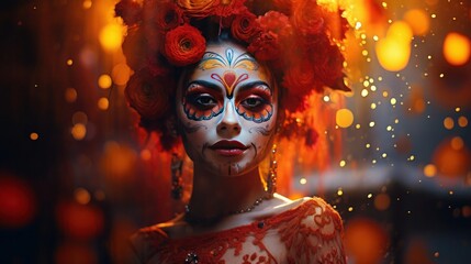 Ethereal Close-up Portrait of Dia De Los Muertos Woman, Eyes Whispering Stories of Tradition